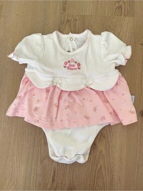 Vintage First Moments White & Pink Baby Dress Bodysuit (6/9 months)